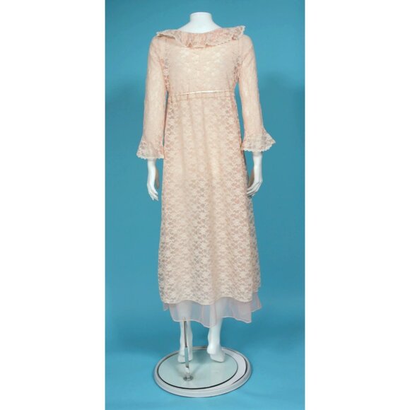 New Ro-Vel Vintage Pink Lace Peignoir Ruffle Front Tie Robe Negligee sz M /285 - Picture 4 of 7